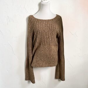 Vintage Y2K Brown Ribbed Knit Bell Sleeve Sweater Boho Minimalist L